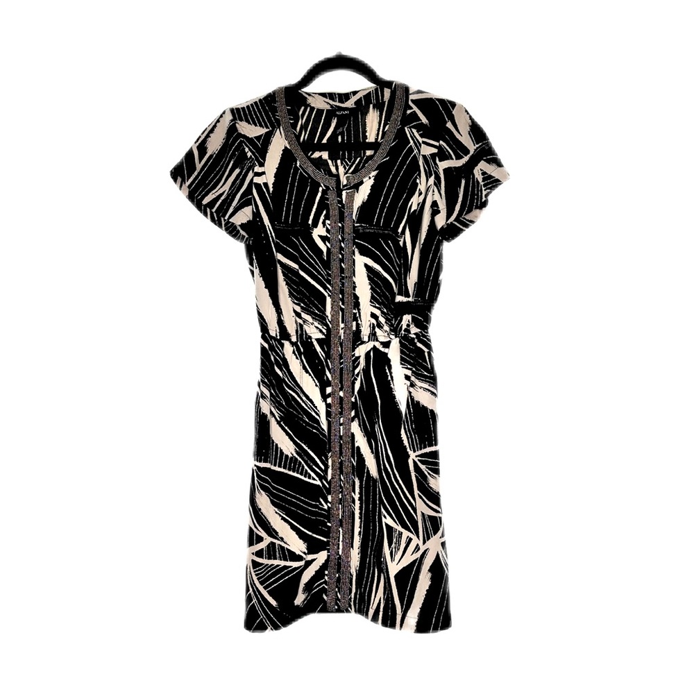 ALFANI | Front zip cinched waist dress w Beading Detail | Black & Cream …